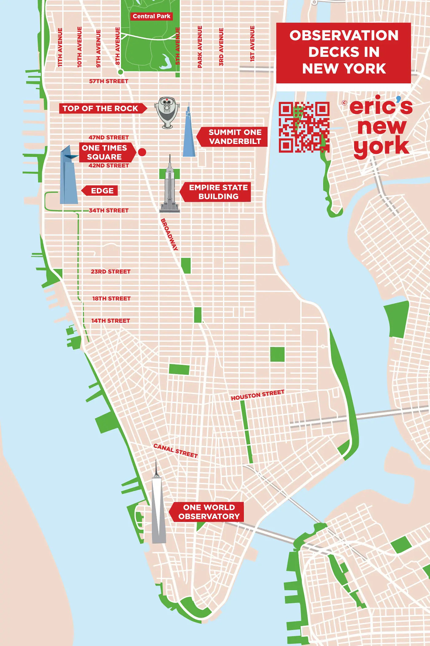 Les meilleurs observatoires &agrave; New York - Emplacements sur le plan de la ville